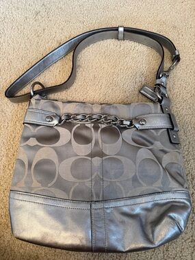 Coach Silver Signature Chain-Trim Shoulder Bag